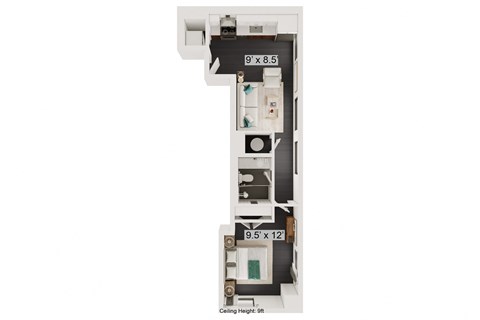Floor plan for 1 bed, 1 bath, 467 sqft